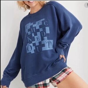 Aerie blue checked out oversized crewneck sweatshirt size small